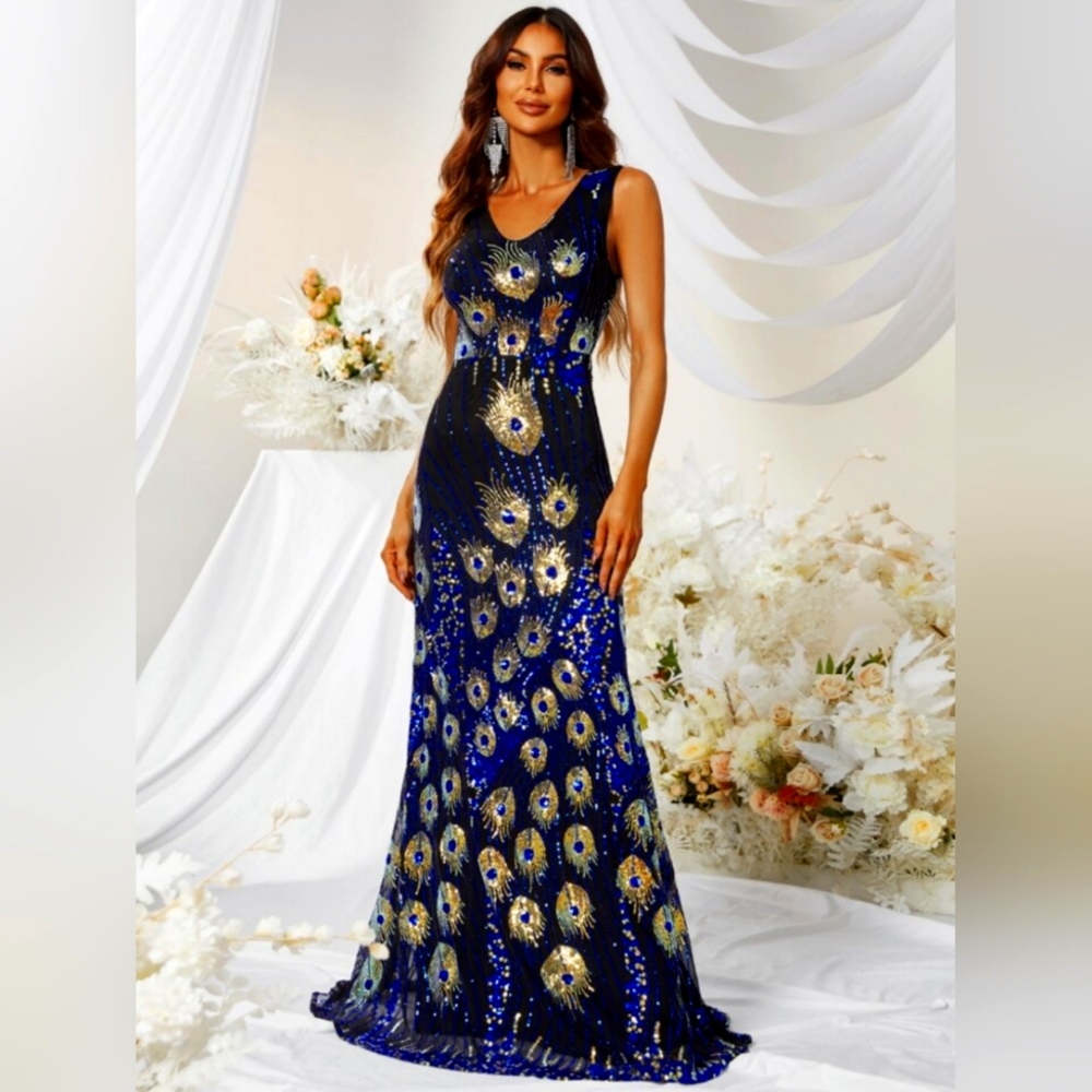 Sequin mermaid peacock gown dress formal prom wedding guest